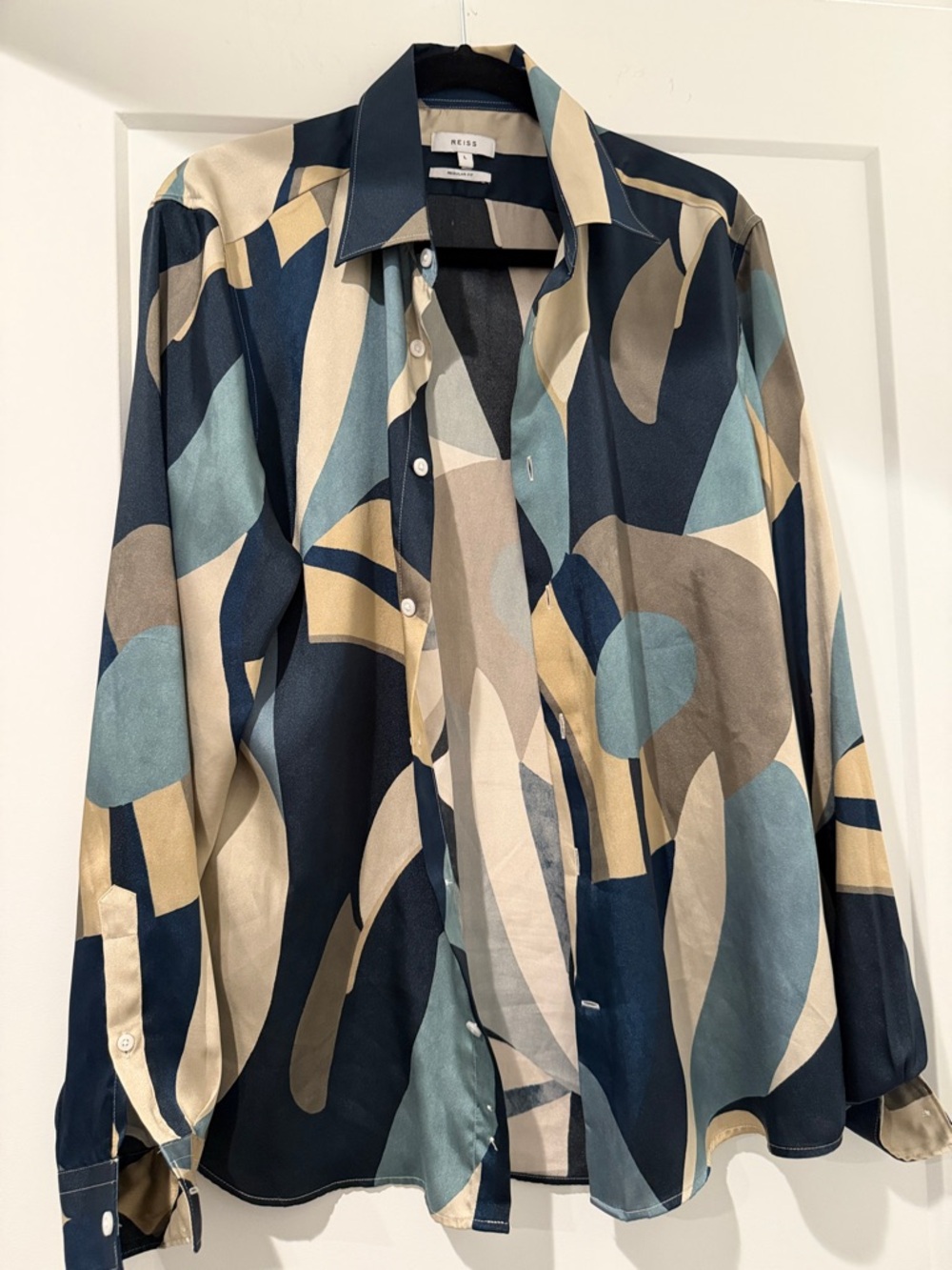 Reiss Multicolor Abstract Silk Button-Up Shirt in Navy, Teal & Beige